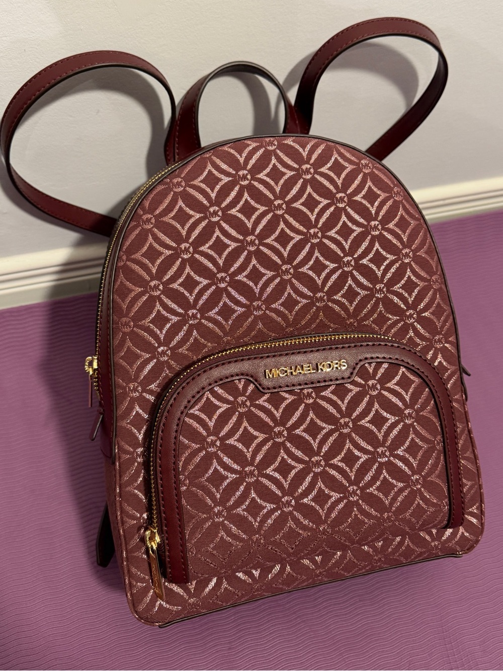 NEW Michael Kors Burgundy Geometric Jacquard Backpack